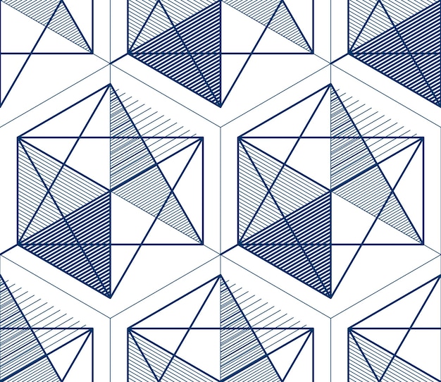 Lignes 3d géométriques motif abstrait sans couture, fond vectoriel. Ligne d'ingénierie de style technologique dessinant une illustration sans fin. Couleur unie, noir et blanc. Utilisable pour le tissu, le papier peint, l'emballage,