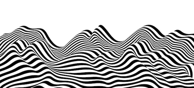 Lignes 3D en noir et blanc en arrière-plan vectoriel abstrait en perspective, motif de terrain en perspective linéaire op art.