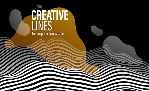 Lignes 3D noires et blanches en perspective avec fond de vecteur abstrait éclaboussure de peinture liquide fluide jaune, motif de terrain perspective linéaire op art.