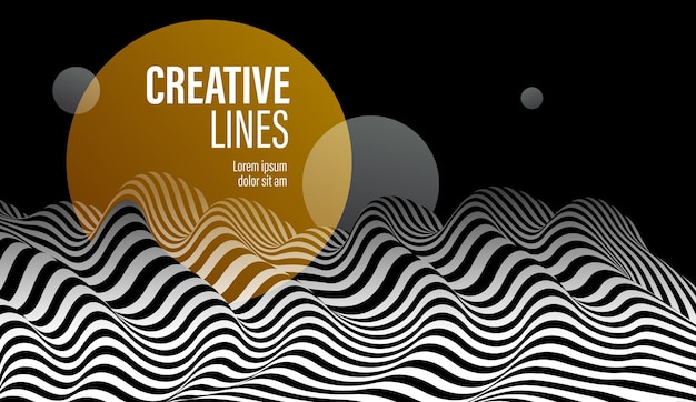 Lignes 3D noires et blanches en perspective avec fond de vecteur abstrait splat cercle jaune, motif de terrain perspective linéaire op art.