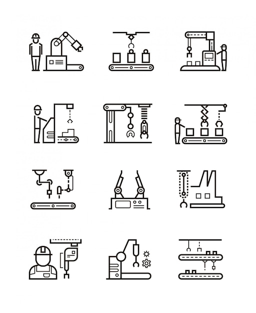 Vecteur lignes d'assemblage pour la fabrication robotisée et convoyeur automatique avec icônes de ligne de manipulateurs