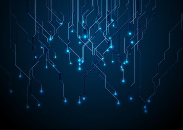 Des lignes de cartes de circuits technologiques abstraites en bleu néon design scifi fond de puce informatique futuriste illustration lumineuse vectorielle