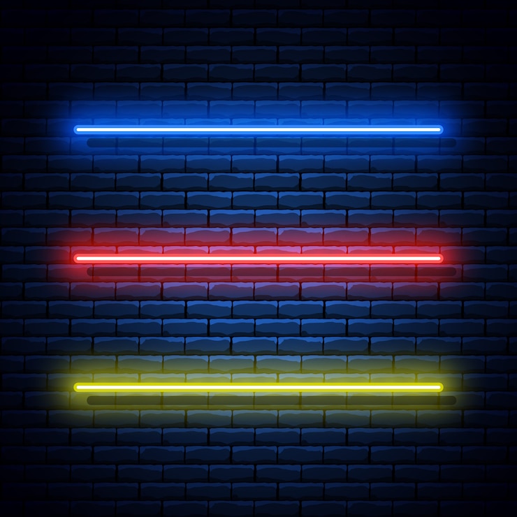 Vecteur lignes colorées au néon sur le mur de briques.