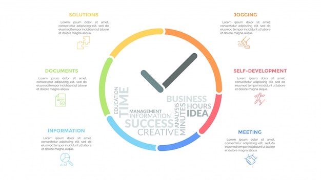 Lignes Colorées Formant Horloge Avec Les Mains Et Le Nuage De Mots à L'intérieur, Entouré D'icônes Et De Zones De Texte. Concept De Gestion Du Temps Et De Planification Efficace.