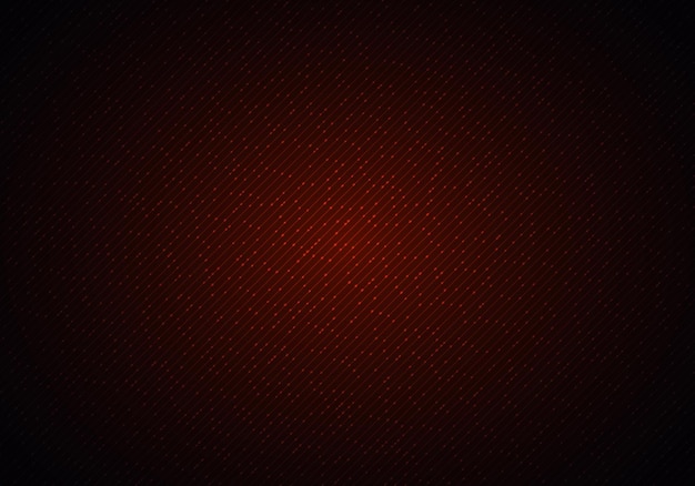 Lignes diagonales brillantes rouges abstraites et particules de points avec éclairage sur fond sombre. Concept futuriste numérique de technologie. Illustration vectorielle