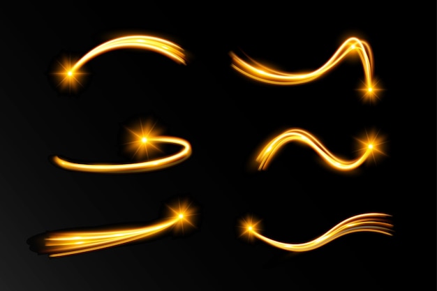 Des lignes dorées lumineuses ondulées, des éléments de conception lumineux en couleur, des rayures vives et vives, des illustrations vectorielles.