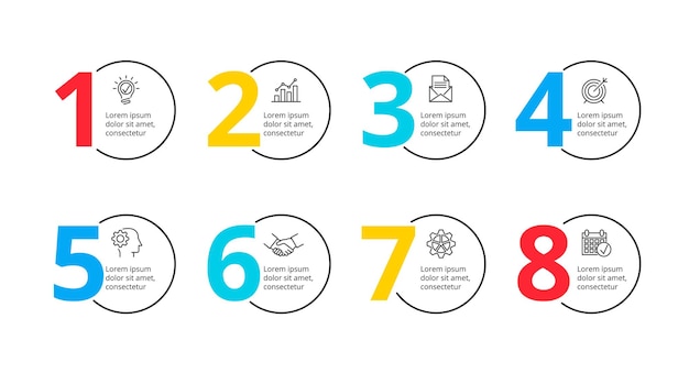 Vecteur lignes fines vectorielles avec chiffres modèle pour infographie de processus ou chronologie en 8 étapes