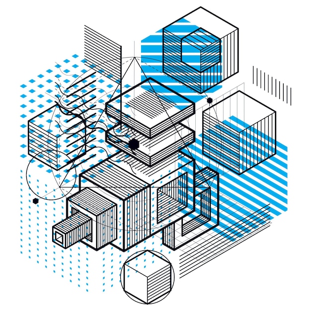 Vecteur lignes et formes abstract vector isométrique 3d arrière-plan. disposition des cubes, hexagones, carrés, rectangles et différents éléments abstraits.
