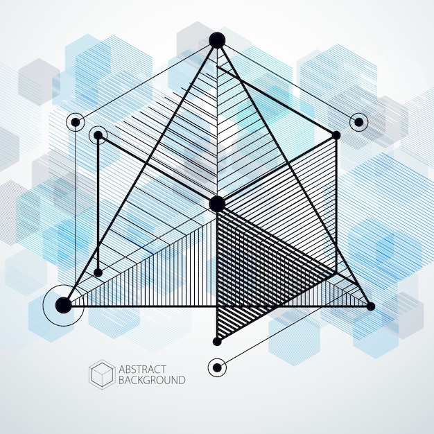 Lignes Et Formes Abstract Vector Isométrique Fond Bleu 3d. Schéma Abstrait Du Moteur Ou Du Mécanisme D'ingénierie. Disposition Des Cubes, Hexagones, Carrés, Rectangles Et Différents éléments Abstraits.