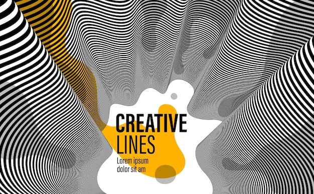 Lignes noires et blanches 3D en perspective avec fond vectoriel abstrait splat de peinture liquide fluide jaune, motif de perspective linéaire op art.