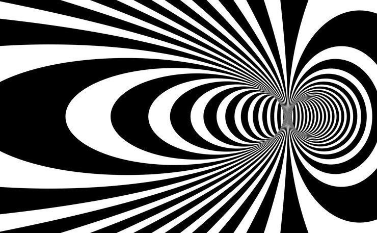 Vecteur lignes noires et blanches abstraites d'op art dans le fond abstrait de vecteur de perspective hyper 3d, modèle linéaire psychédélique d'illustration artistique, illusion optique hypnotique.