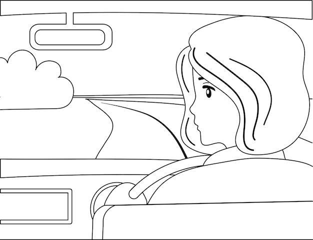 Lignes Noires Et Blanches Dessinant Une Fille Dans La Voiture Conduit Le Long De La Route Dans Le Champ Elle Regarde Dans Le Rétroviseur Voyageur En Voyage