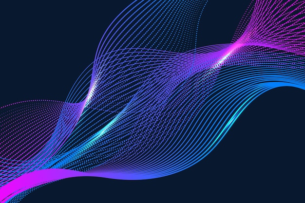 Des lignes ondulées abstraites bleues et roses avec des particules de points et de l'éclairage sur un fond bleu foncé