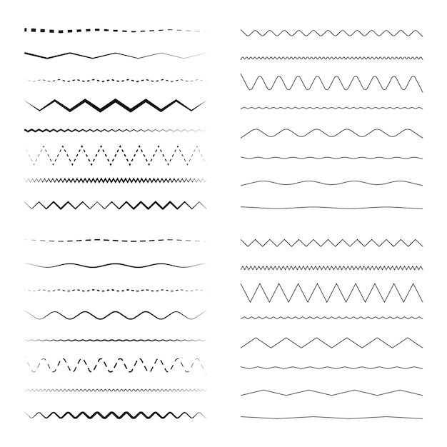 Des lignes ondulées noires, un ensemble de vecteurs en zigzag, des bordures dessinées à la main, des motifs de lignes décoratives.