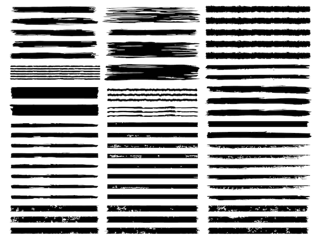 Des lignes de pinceau noir dans différents styles grunge sur un fond blanc