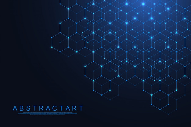 Les Lignes Et Les Points Abstraits De La Technologie Relient Le Fond Aux Hexagones. Connexion De Données Numériques Hexagonales Et Concept De Big Data. Visualisation De Données Numériques Hexadécimales. .