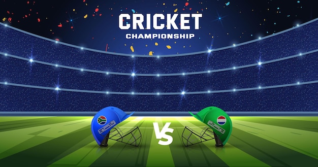 Ligue Des Champions De Concept De Match De Cricket Avec Les Casques De Batteur Et Le Stade Des Pays Participants