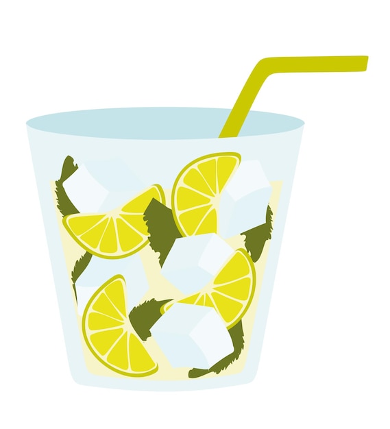 Limonade avec citron couché et citron vert style plat illustration vectorielle dessin animé boisson avec de la glace de paille