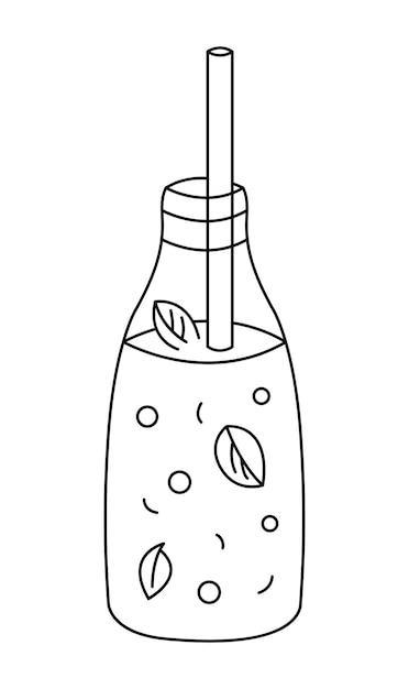 Limonade D'été Doodle Limonade Avec Bulles Et Menthe En Bouteille Avec Une Paille Boisson D'été Dessinée à La Main