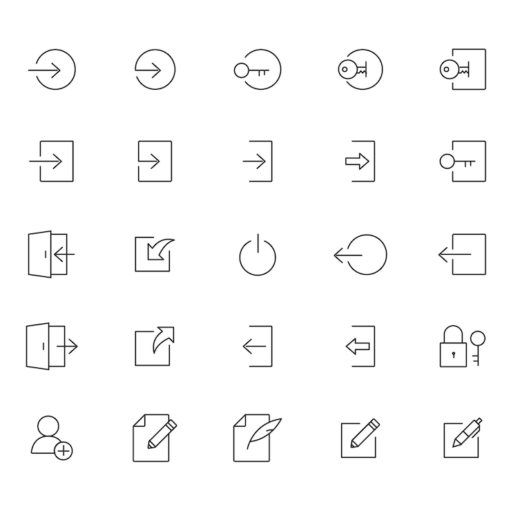 Vecteur line art login logout registre icones vector utilisateur clé porte flèche icones d'accès au formulaire