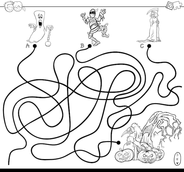 Lines Maze Game Avec Des Personnages D'halloween Coloring Book