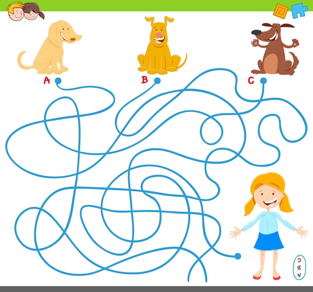 Lines Maze Puzzle Jeu d'activité avec des chiens et une fille