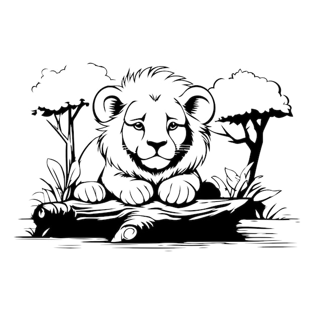 Vecteur lion assis sur une bûche dans la jungle illustration vectorielle