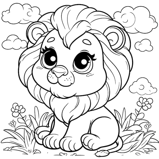 Un Lion Assis Dans L'herbe Avec Des Fleurs Et Des Nuages