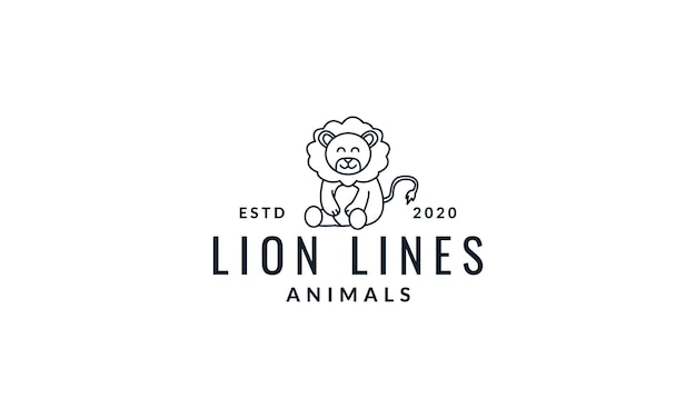 Lion Assis Mignon Dessin Animé Ligne Logo Icône Illustration Vectorielle