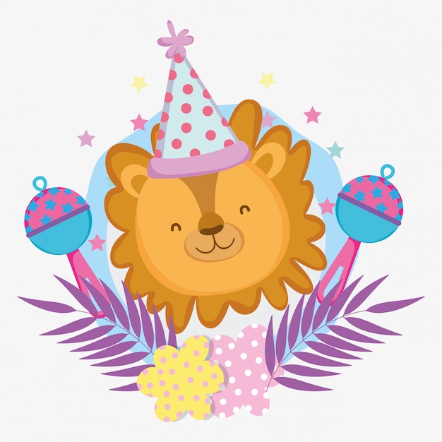 Lion Avec Chapeau De Fête Et Hochet à La Douche De Bébé