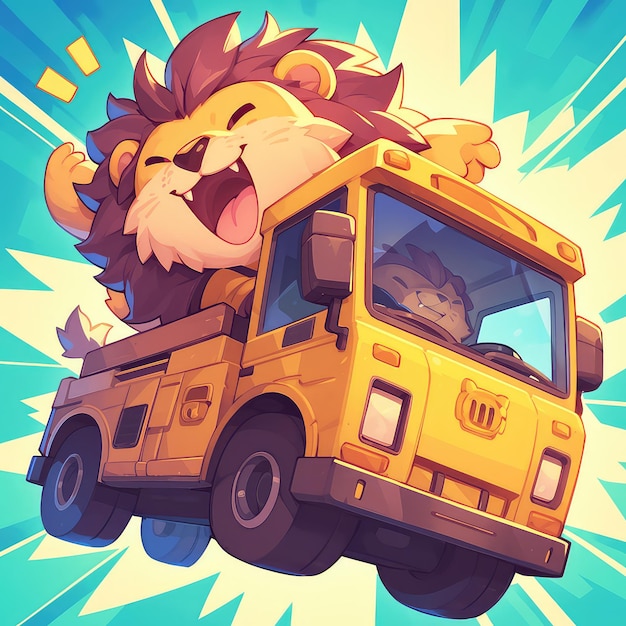 Un lion conduit un bus dans le style des dessins animés.