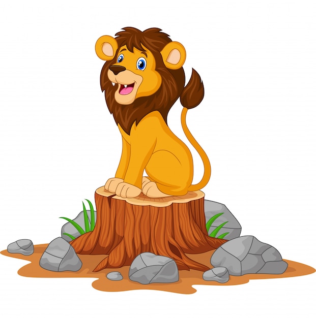 Lion De Dessin Animé Heureux Assis Sur Une Souche D'arbre