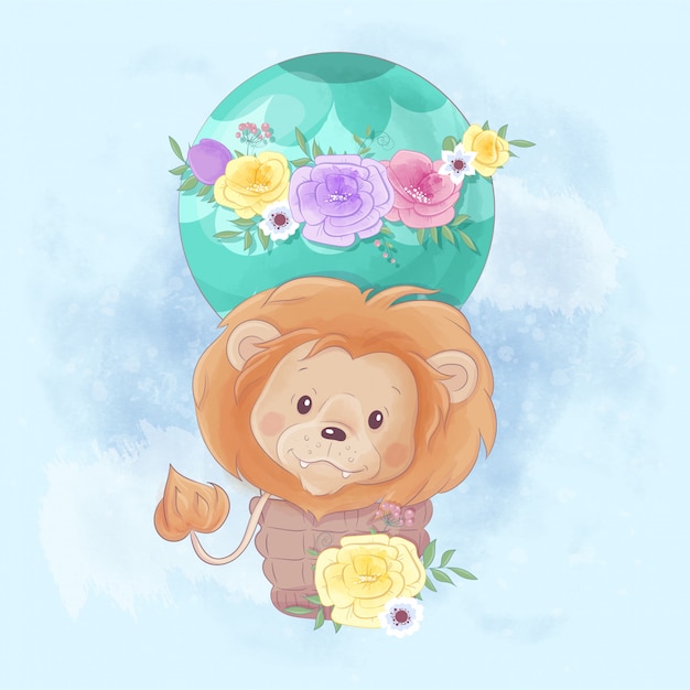 Vecteur lion de dessin animé mignon dans un ballon avec de belles fleurs