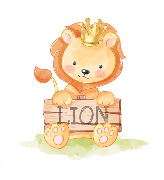 Vecteur lion de dessin animé mignon tenant une pancarte en bois de lion illustration