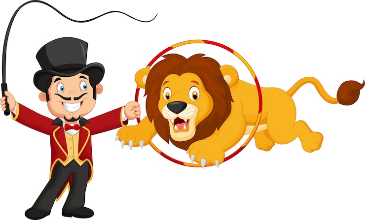 Vecteur lion dessin animé sautant à travers l'anneau