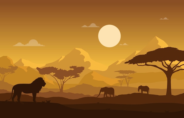 Lion Éléphant Animal Savane Paysage Afrique Faune Illustration