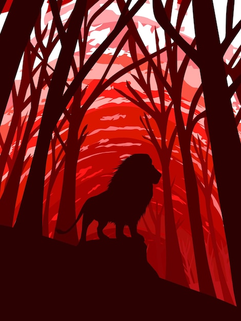 Le Lion Est Parmi La Silhouette Des Arbres Secs