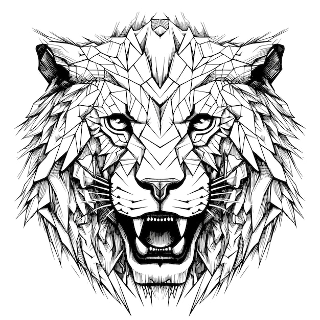 Le lion est le roi des bêtes Portrait d'un lion méchant et majestueux dans un style vectoriel Modèle pour affiche de tatouage, autocollant de t-shirt, etc.