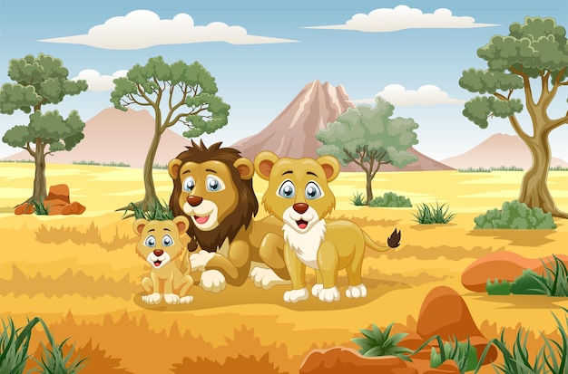 Lion et famille de lions dans la nature Illustration vectorielle de style dessin animé