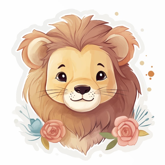 Lion avec des fleurs sur fond blanc