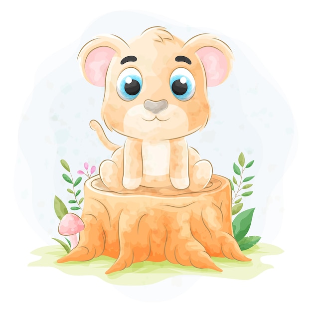 Lion De Griffonnage Mignon Avec Illustration Aquarelle