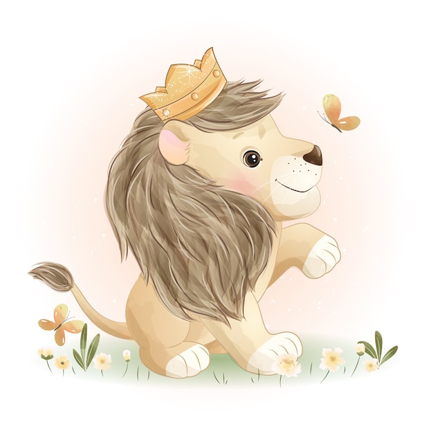 Vecteur lion de griffonnage mignon avec illustration florale