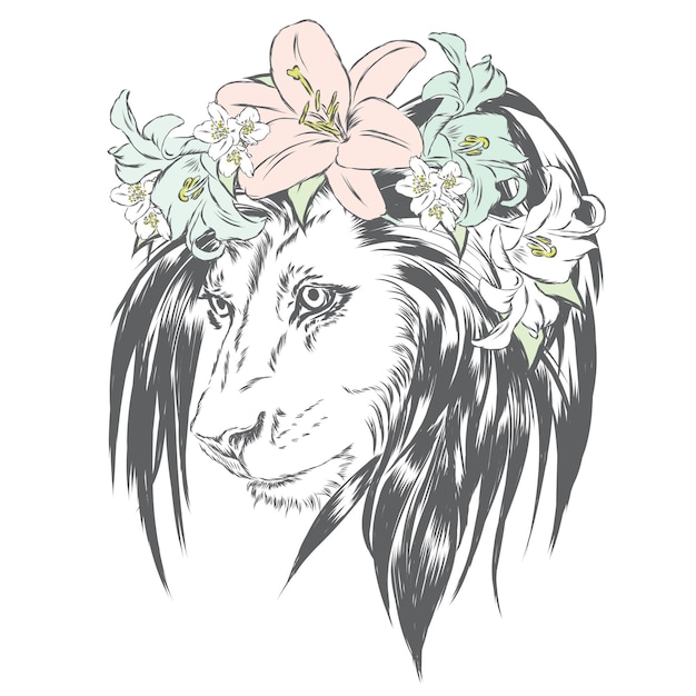 Vecteur lion hipster dans une couronne de fleurs