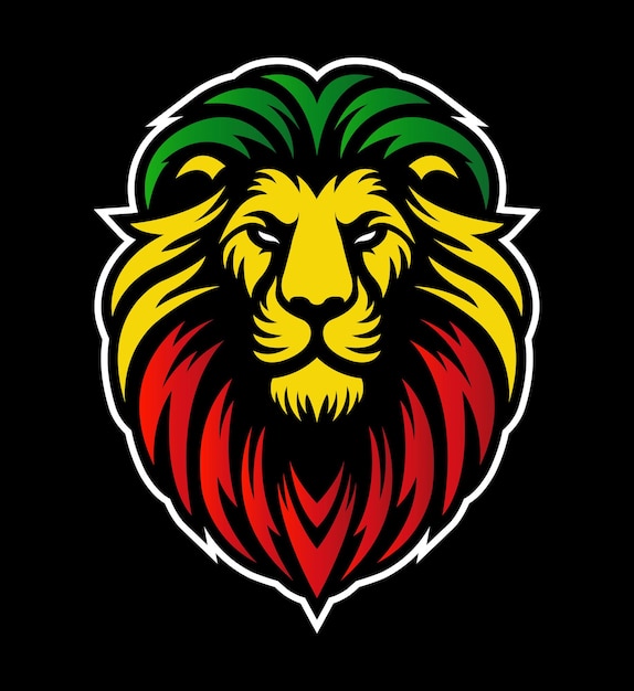 Vecteur lion de juda face eps image vectorielle illustration rasta tête de lion jamaïcain vue de face avec couleurs reggae rastafari sur fond sombre