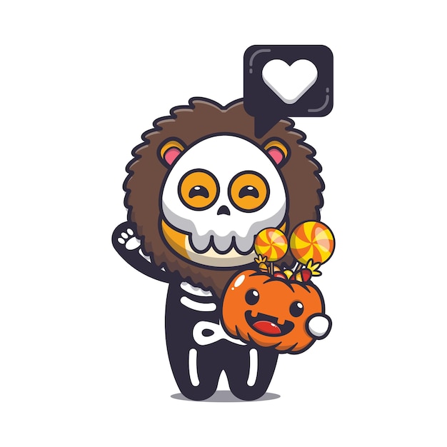 Lion Mignon Avec Un Costume De Squelette Tenant Une Citrouille D'halloween Illustration Mignonne De Dessin Animé D'halloween