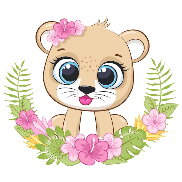 Lion Mignon Avec Des Fleurs Et Une Couronne. Illustration Vectorielle D'un Dessin Animé.