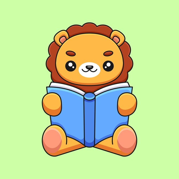 Lion mignon lecture livre dessin animé mascotte doodle art dessinés à la main concept vecteur kawaii icône illustration