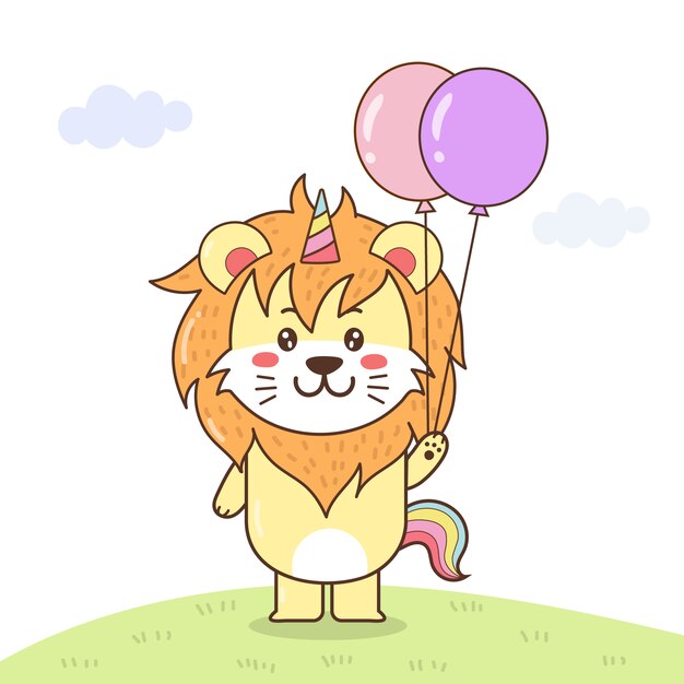 Lion Mignon Licorne Tenant Des Ballons.