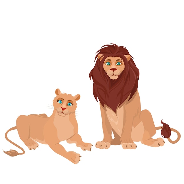 Lion roi lionne dessin animé plat Vector Illustration