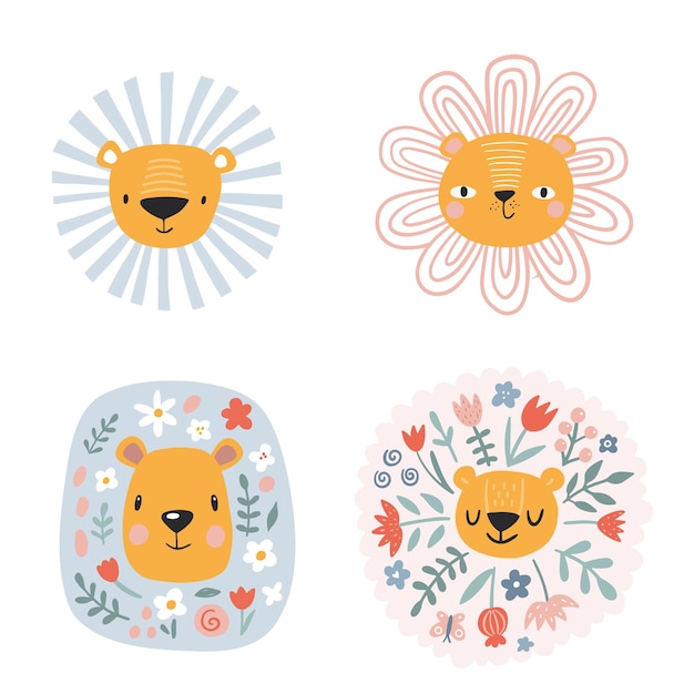 Lions mignons avec illustration vectorielle moderne florale